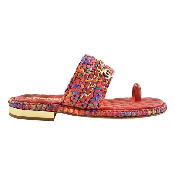 Chanel 20S Red Blue Purple Raffia Tweed CC Logo Mule Slide Strap Flat Sandal 36 - Picture 1 of 12